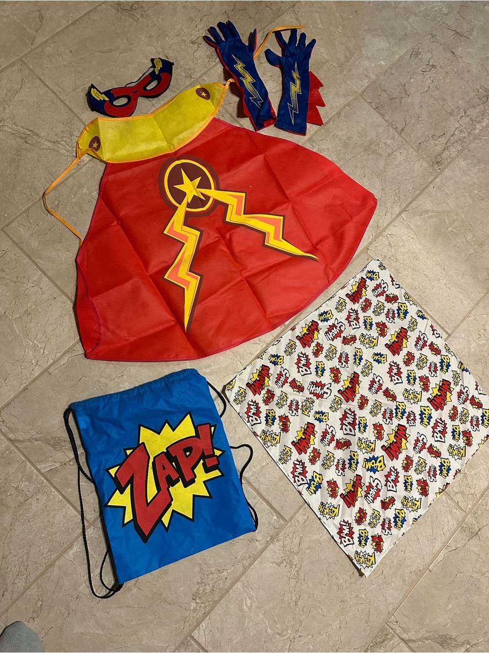 Super Hero dress up costume cape gloves bandanna mask backpack